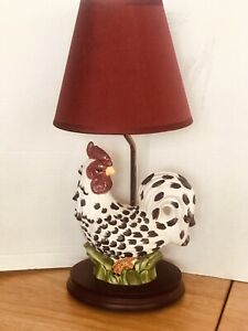 Accent Lamp Rooster Ceramic On Wood Base 18” & Shade Beautiful Vintage Excellent