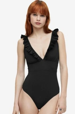 NUEVO CON ETIQUETAS H&M Sexy Traje de Baño Negro Una Pieza Volantes XS Acolchado Foto 1 de 4