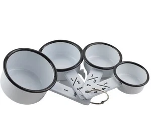 Black Rim White Enamel Measuring Cups 1/4 to 1 Cup Enamelware Farmhouse - Picture 1 of 2