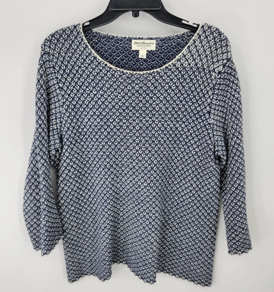 Norm Thompson 毛衣女式大号蓝色白色纹理大圆领套衫 — 第 1/4 张图片