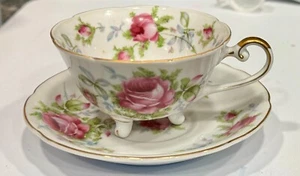 Juego de taza de té y platillo con patas pintado a mano Lefton China - Borde dorado rosas rosadas - Imagen 1 de 7