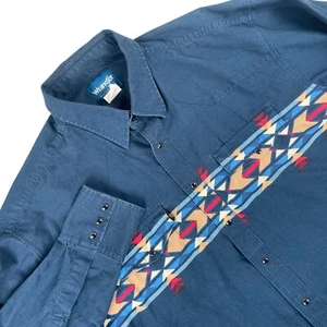 Wrangler Western Brushpopper Shirt Mens 2XT Blue Aztec Print Pearl Snap Cowboy - Picture 1 of 7