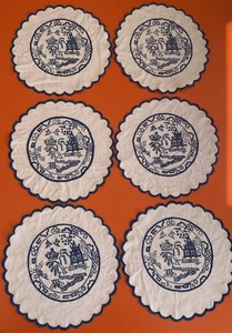6 Vintage Retro 50s Antique Willow Pattern Cotton Embroidered Doilies Placemats - Picture 1 of 9