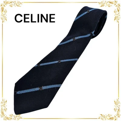 Celine Wool Silk Tie Navy Blue Stripe Carriage Pattern 148cm Used - Image 1 of 4
