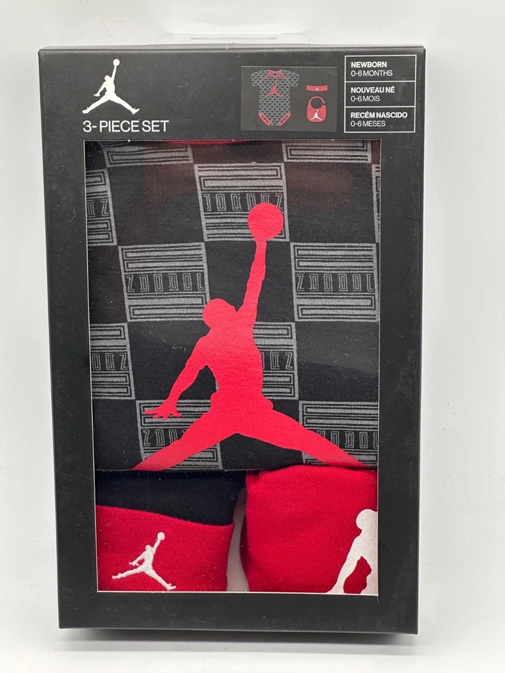 3 PIECE SET NIKE JORDAN BORN 0-6 MONTHS HAT / BIB/ BODYSUIT 100 COTTON