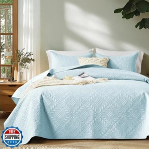 FLYMME Quilt King Size,Lightweight Sky Blue Bedspreads,Vintage Olive Leaf Pat - Picture 1 of 5