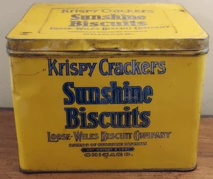 Antico Cracker Tin Early Krispy Crackers Sunshine Biscotti Loose-Wiles Co. MO - Foto 1 di 7