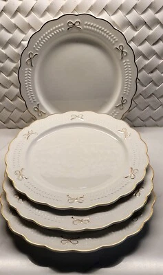 Yedi White with Gold Bow and Trim Dinner Plates - 10 in - Set of 4 Ceramic NEW - Image 1 of 4