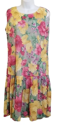 Vestido vintage para mujer M/L dos piezas debajo de la rodilla cintura caída floral plisado amarillo Foto 1 de 4