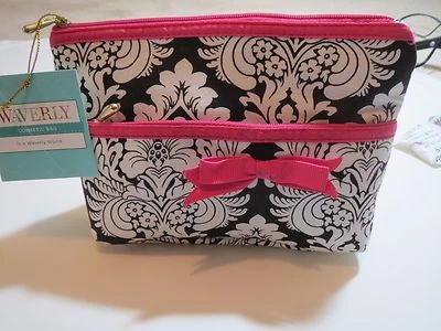 Bolsa de maquiagem cosmética Waverly preta e branca floral com zíper superior - Imagem 1 de 2