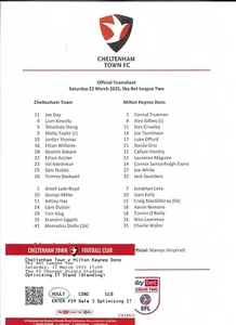 2024/25 Cheltenham Town v Milton Keynes Dons League 2 Teamsheet & Ticket - 22/03 - Picture 1 of 1