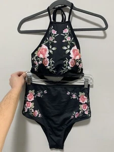 Cupshe Womens Small Black Two Piece Swimsuit - Floral Rose Halter Top High Waist - Picture 1 of 13