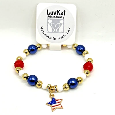 Pulsera de vidrio patriótica de 8" con bandera americana roja, blanca, azul con dije de estrella de EE. UU. Foto 1 de 4