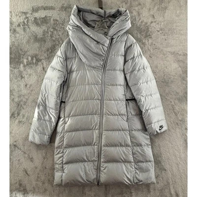 Nike NSW Down Fill Parka Womens L Gray Hooded Jacket Coat Asymmetrical Zipper - Image 1 of 4