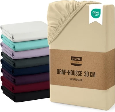 Drap Housse - Beige, 90 x 200 cm - Coupes de 30 cm pour Matelas épais - Polye... - Photo 1/4