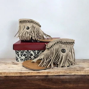 Naughty Monkey Olivia Wilde Nude Leather Fringe Thong Flat Sandals Women's 7 NIB - Picture 1 of 16