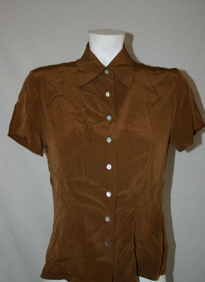 Blusa informal de esquina para mujer marrón talla 4 trabajo oficina vestido abulón botones Foto 1 de 4