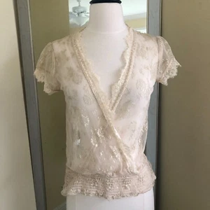Sheer Lace Womens Cream V-Neck Top Small Ruched Hem Whimsical Fairycore Sparkly - Picture 1 of 9