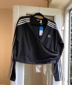 ADIDAS 3 stripes Cropped Wrap Top UK 3XL Black 3 stripes - Picture 1 of 6