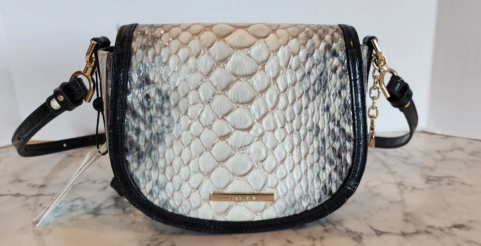 EUC BRAHMIN BRIAR ROCKAWAY BLACK CREAM SNAKE PRINT LEATHER CROSSBODY HANDBAG