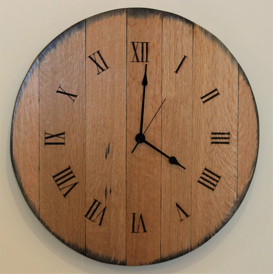 Handmade Rustic Oak Barrel Top Clock - Laser Engraved Roman Numerals  - Image 1 of 3