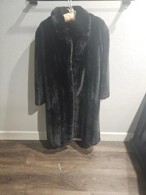 Vintage Luxury I. Magnin Mink Faux Fur Women Coat Jacket Long 42” Black Sz. 5/6 - Image 1 of 4