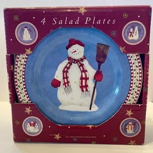 Vintage Set of 4 Sakura  Stoneware Debbie Mumm 1997 Snowman 8" Salad Plates - Picture 1 of 4