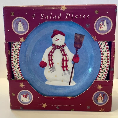 Vintage Set of 4 Sakura  Stoneware Debbie Mumm 1997 Snowman 8" Salad Plates - Image 1 of 4