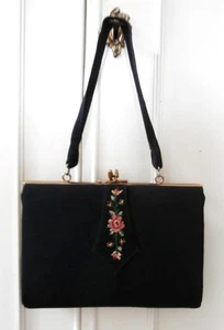 Vintage Late 1950's Black Fabric, Needlepoint Embroidered Panel Evening Hand Bag - Picture 1 of 5