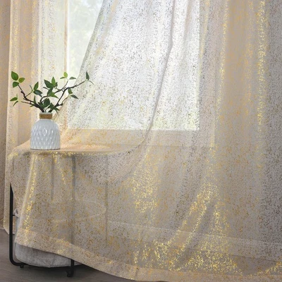 Gold Sheer Curtains 84 Inches Long, 2 Panels Sparkle Glitter Spray Metallic S... - Image 1 of 4