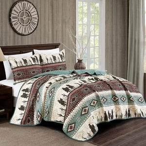 Jaba/WPM Western Teal/Beige/Burgundy Cowboy Desert Southwestern Print Bedspre... - Picture 1 of 7