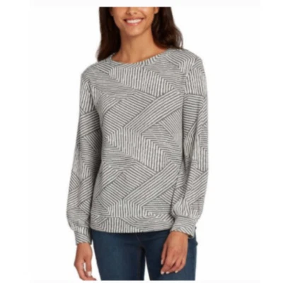 Ellen Tracy Women's Size XL Striped Jacquard Ash Long Sleeve Crewneck Sweater — 第 1/4 张图片