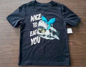 Funny Boys Shark Bite Bunny Ears Nice to Eat You Black shirt size XS 6/7 NEW - Picture 1 of 3