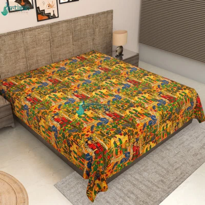 Colcha colcha de algodón hecha a mano Kantha con estampado Farida amarillo Foto 1 de 4