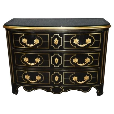 Ebonized Lacquer French Regency Brass Inlaid and Bronze Commode with Glass Top - Image 1 of 4