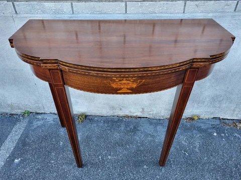 1920 English Sheraton Mahogany Inlaid Console Game Table Fliptop by Charak G Fox Cover
