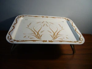 Vintage Metal TV Tray Lap Bed Serving Table Beige & Gold Wheat Design - Picture 1 of 5