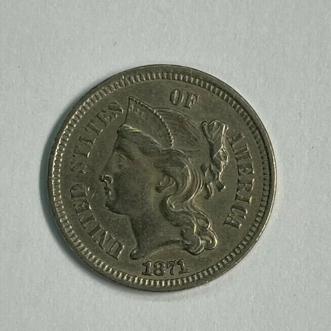 1871 Three Cent Nickel 3c About Uncirculated AU Cover