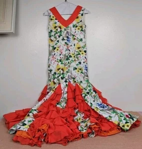 Vintage Flamenco Dress Floral Red White Ruffled Dress - Picture 1 of 9