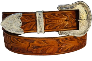 Vogt Sterling Silber Overlay handgravierte Gürtelschnalle 40 echtes verziertes Leder - Bild 1 von 12