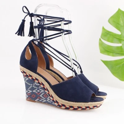 CAbi Womens Isla Sandal Size 9 Navy Suede Woven Espadrille Wedge Platform Tie Up - Image 1 of 4