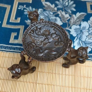 Chinese Antique Copper Dragon Three Little Cats Incense Burner Iron Pot Bracket - Picture 1 of 2