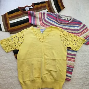 Vintage 3pc LOT Women Knit Short Sleeve Tops Crochet Soft Retro Granny 70 show - Picture 1 of 16