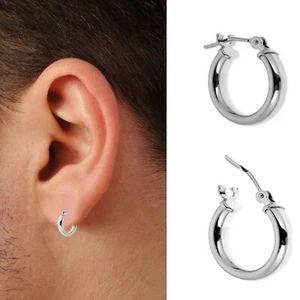 10K White Gold Men's Unisex Tubular Single Hoop Earring 14mm x 2mm (1/2 Pair) - Picture 1 of 5
