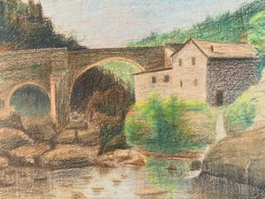 Very Nice Drawing 1909 Bridge Roman Lignon Pencil Landscape River Ardèche Art - Picture 1 of 7