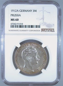 1912A Germany 3 Mark Prussia MS-60 NGC Certified - Picture 1 of 4