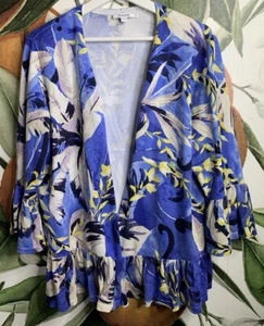 Chicos Size 2 US Large Linen Blend Ruffled Sleeves Floral Open Cardigan Sweater - Picture 1 of 8