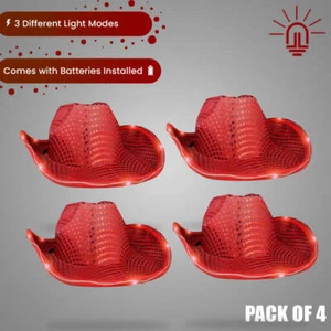 RED SEQUIN Light Up LED Flashing Cowboy Hat with SEQUINs WHITE LEDS, Cowgirl - Picture 1 of 4