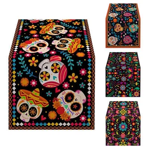 Mexican Day of The Dead Linen Tablecloth Halloween Floral Skull Cloth Runner - Picture 1 of 14
