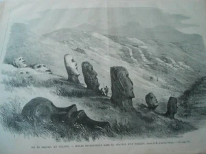 Gravure 1869 - Ile de Paques en Océanie - Idoles découvertes dans cratère Volcan - Imagen 1 de 1